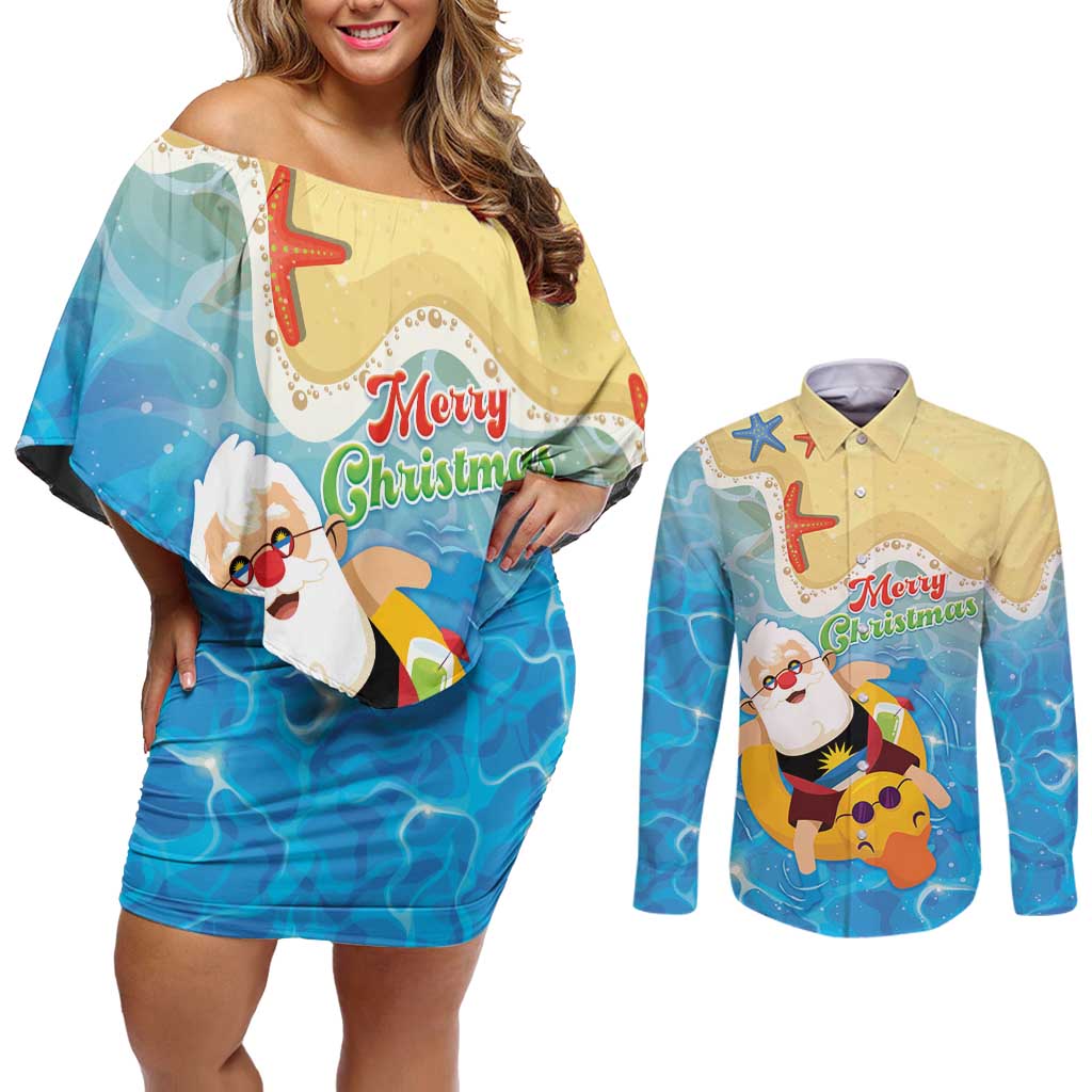 Antigua and Barbuda Christmas Couples Matching Off Shoulder Short Dress and Long Sleeve Button Shirt Chilling Santa - Wonder Print Shop