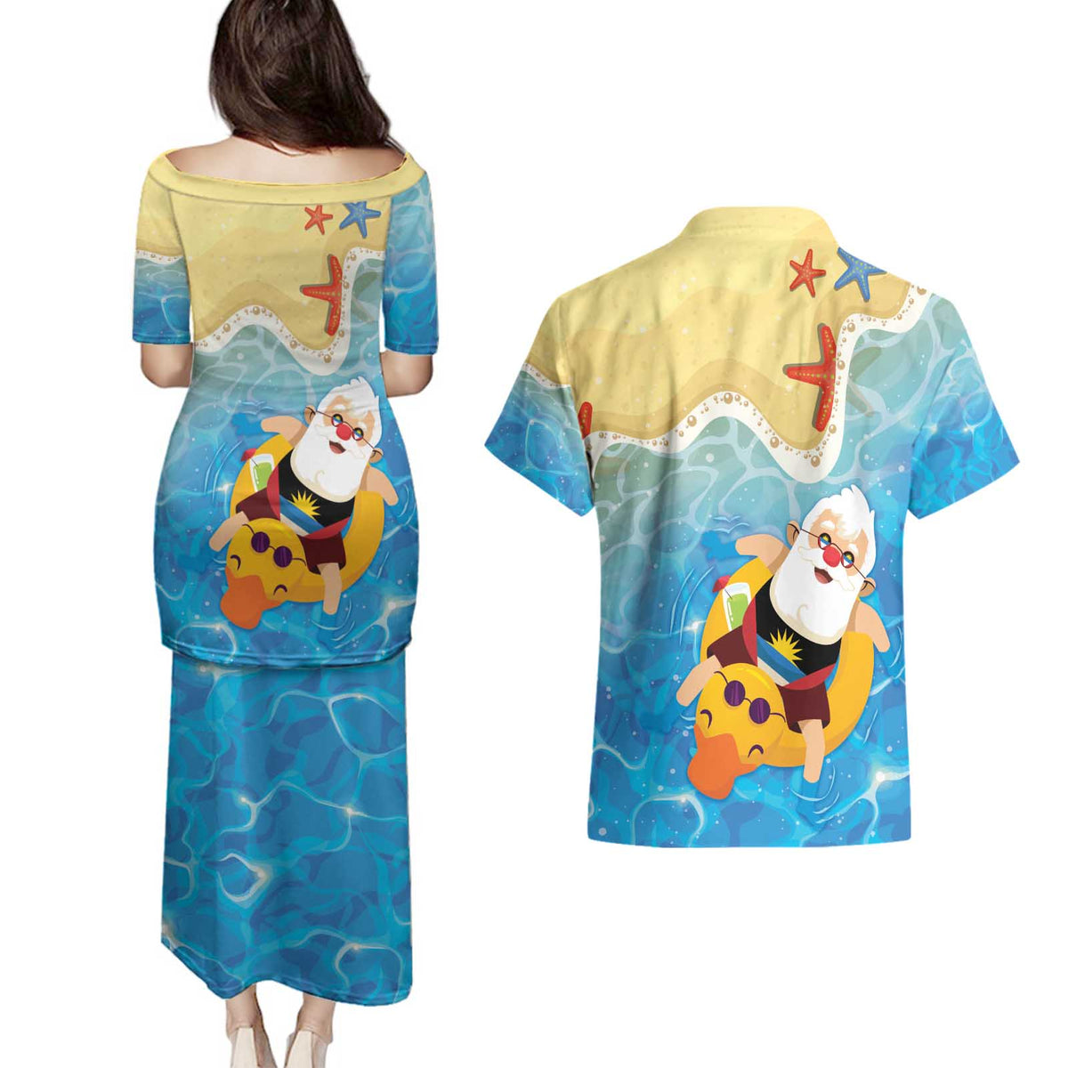 Antigua and Barbuda Christmas Couples Matching Puletasi and Hawaiian Shirt Chilling Santa - Wonder Print Shop