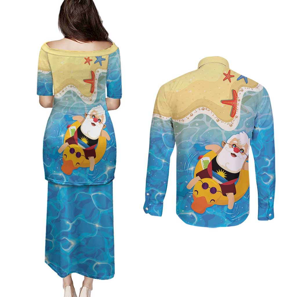 Antigua and Barbuda Christmas Couples Matching Puletasi and Long Sleeve Button Shirt Chilling Santa - Wonder Print Shop