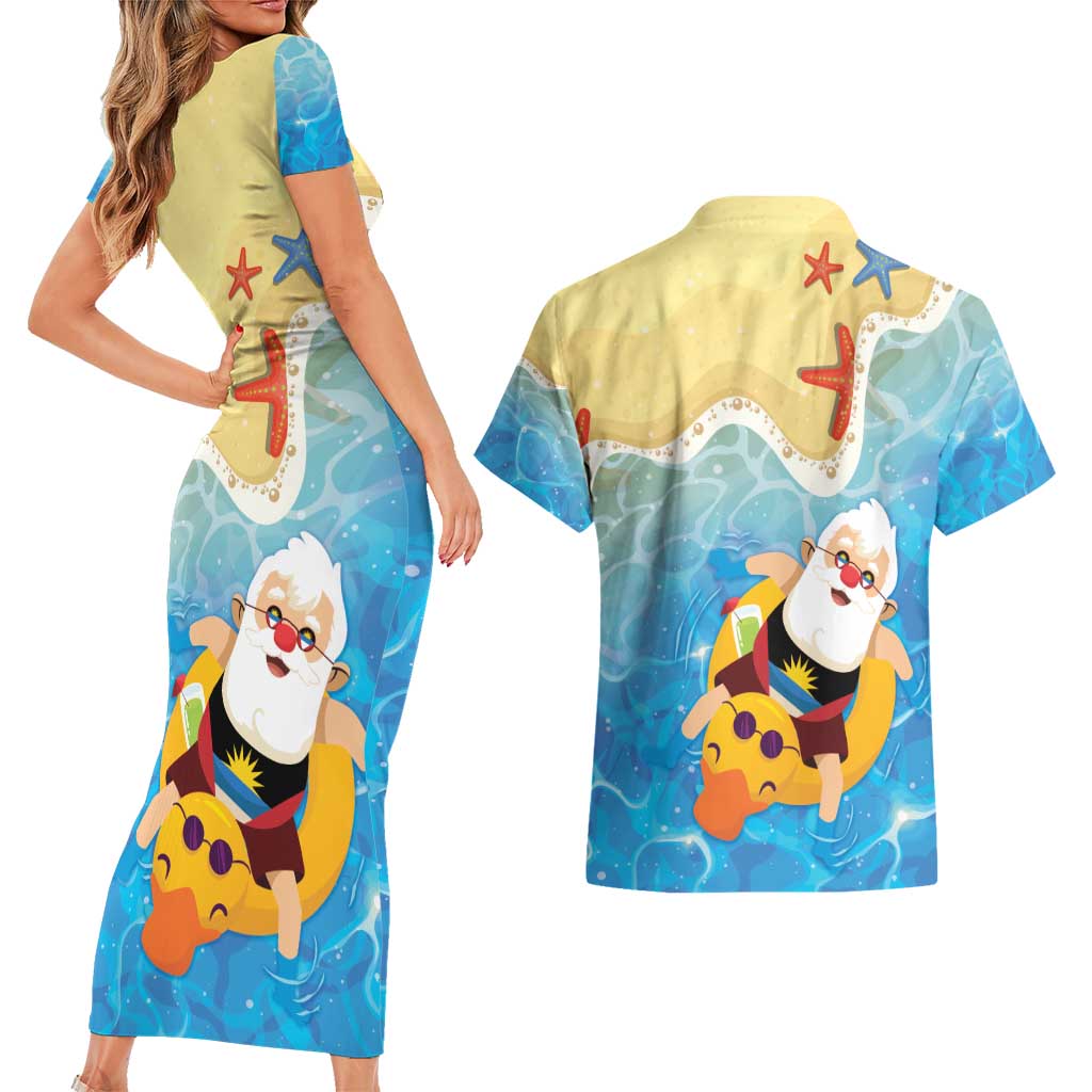 Antigua and Barbuda Christmas Couples Matching Short Sleeve Bodycon Dress and Hawaiian Shirt Chilling Santa - Wonder Print Shop