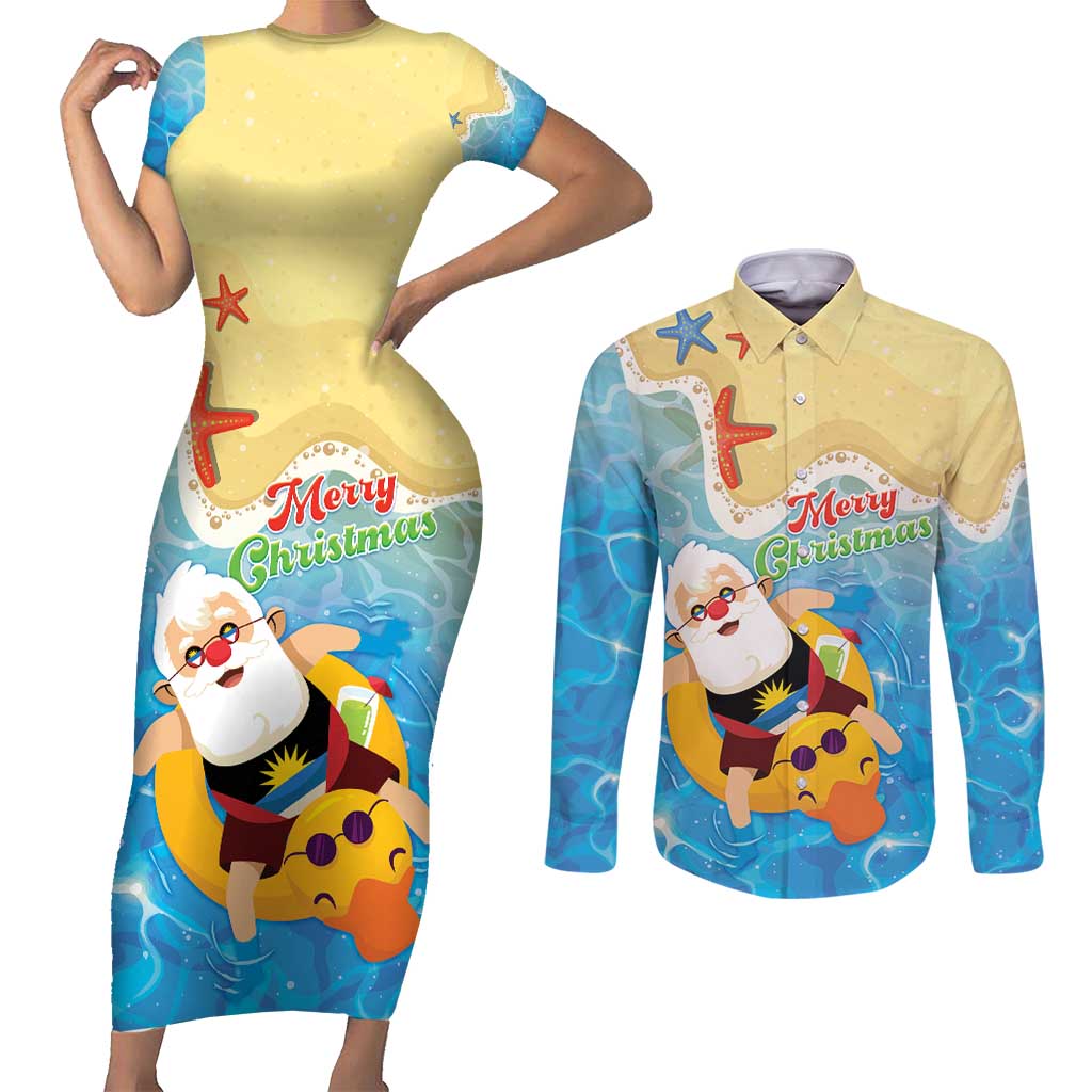 Antigua and Barbuda Christmas Couples Matching Short Sleeve Bodycon Dress and Long Sleeve Button Shirt Chilling Santa - Wonder Print Shop