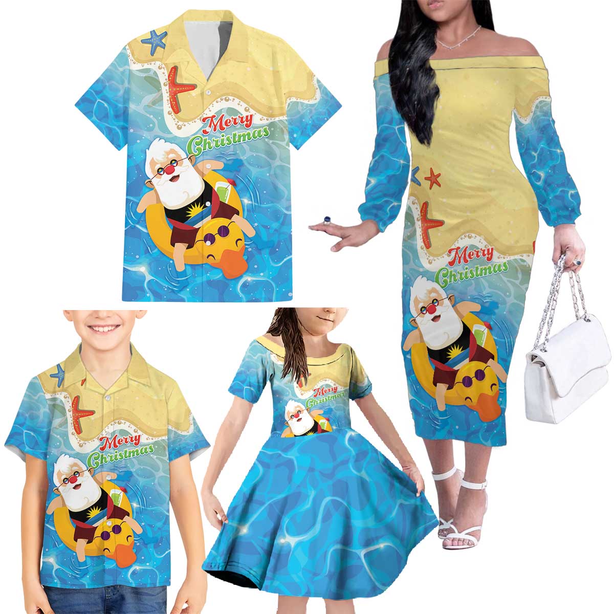 Antigua and Barbuda Christmas Family Matching Off The Shoulder Long Sleeve Dress and Hawaiian Shirt Chilling Santa - Wonder Print Shop
