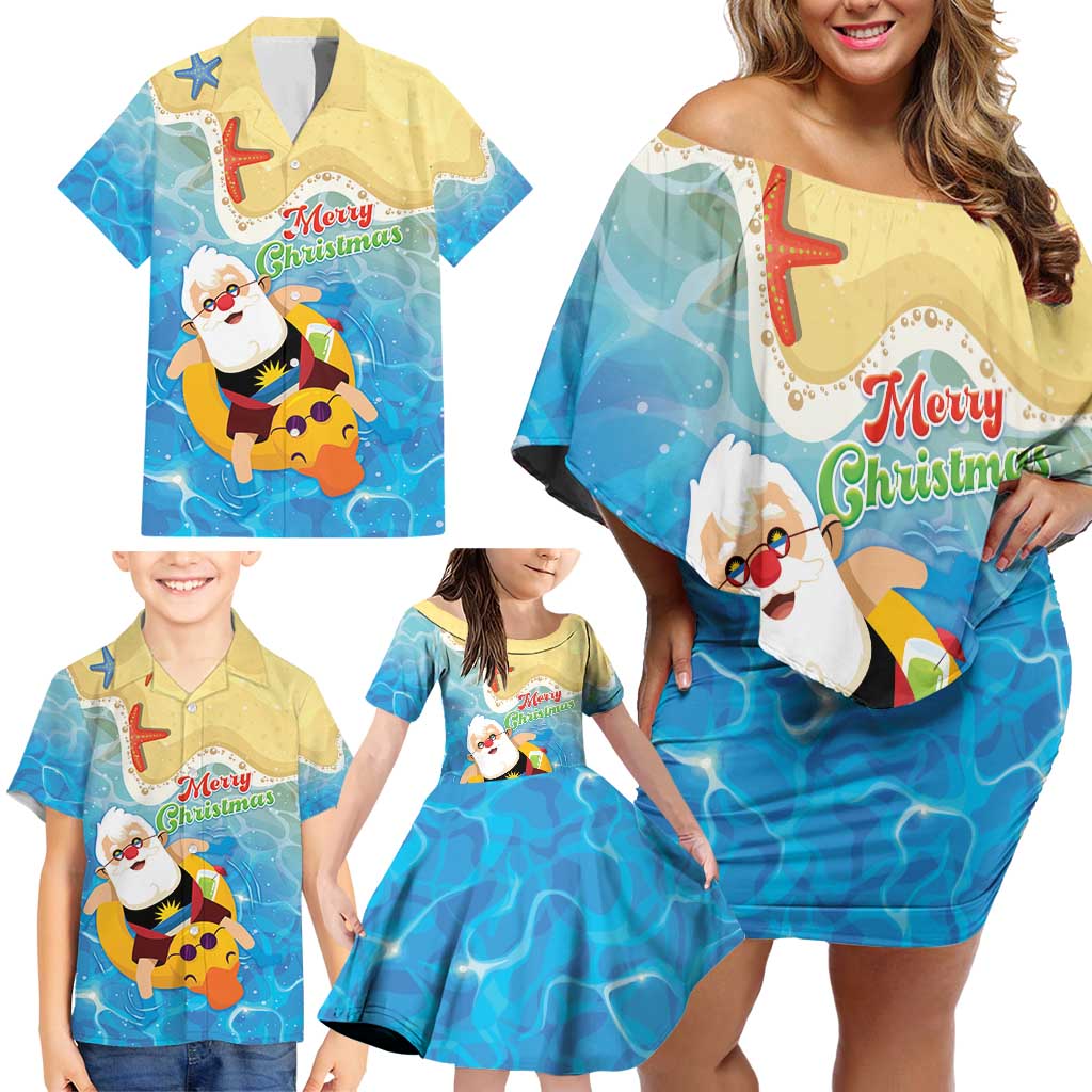 Antigua and Barbuda Christmas Family Matching Off Shoulder Short Dress and Hawaiian Shirt Chilling Santa - Wonder Print Shop