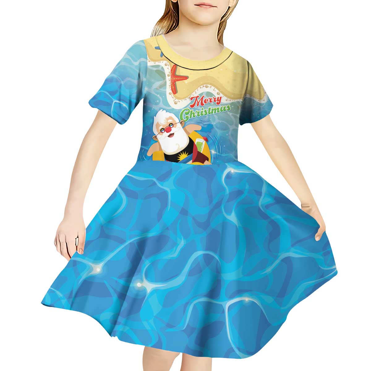 Antigua and Barbuda Christmas Kid Short Sleeve Dress Chilling Santa - Wonder Print Shop