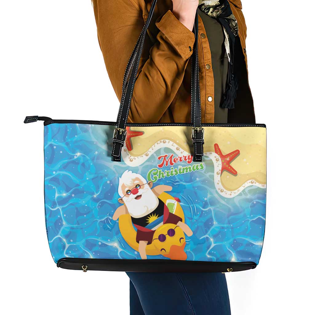 Antigua and Barbuda Christmas Leather Tote Bag Chilling Santa - Wonder Print Shop