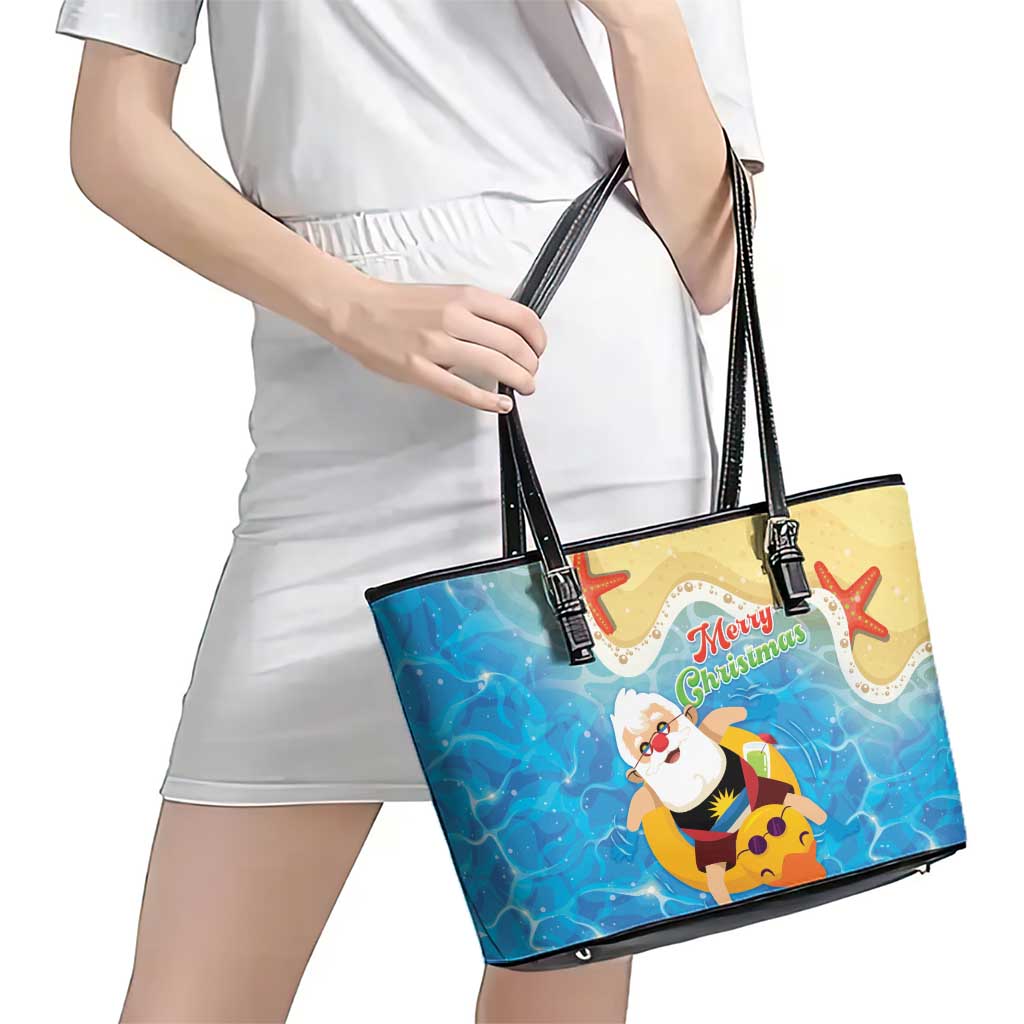 Antigua and Barbuda Christmas Leather Tote Bag Chilling Santa - Wonder Print Shop
