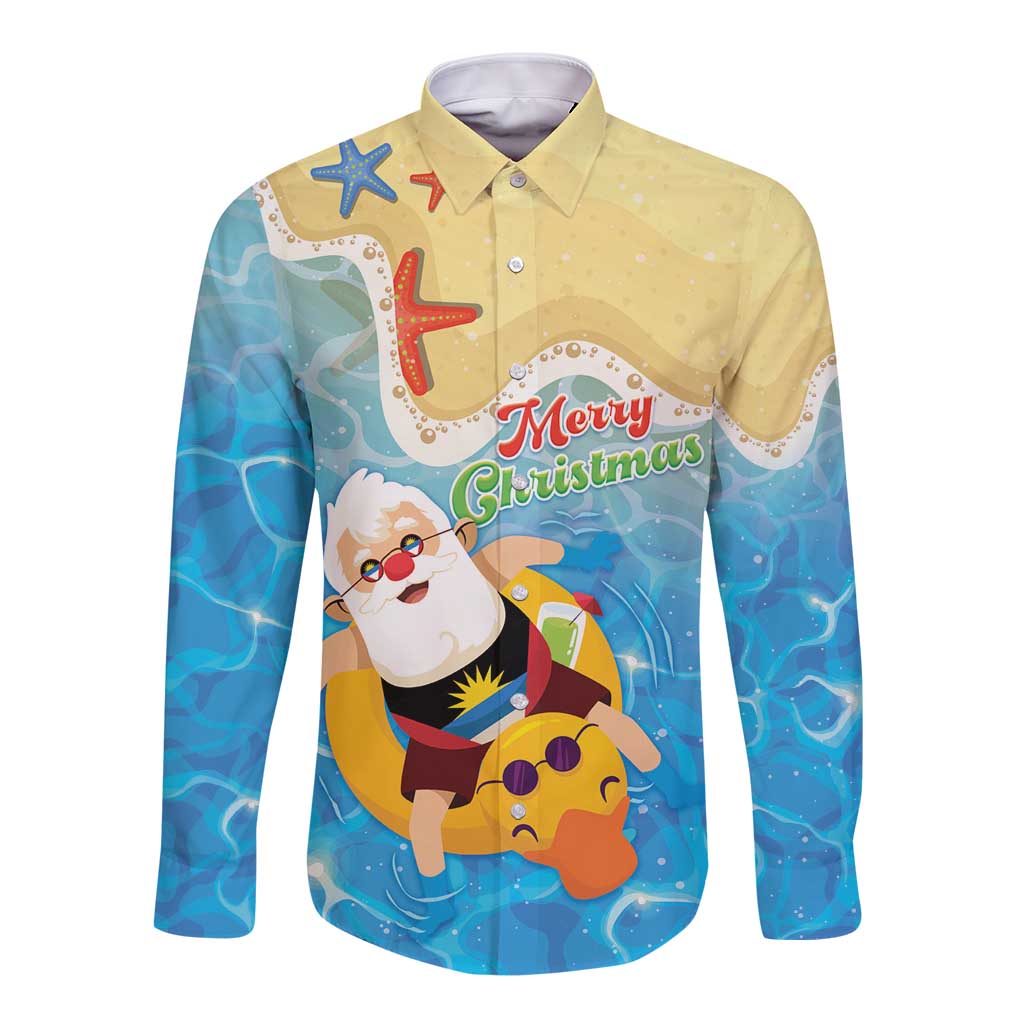 Antigua and Barbuda Christmas Long Sleeve Button Shirt Chilling Santa - Wonder Print Shop