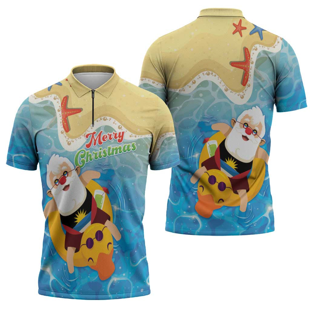 Antigua and Barbuda Christmas Zipper Polo Shirt Chilling Santa - Wonder Print Shop