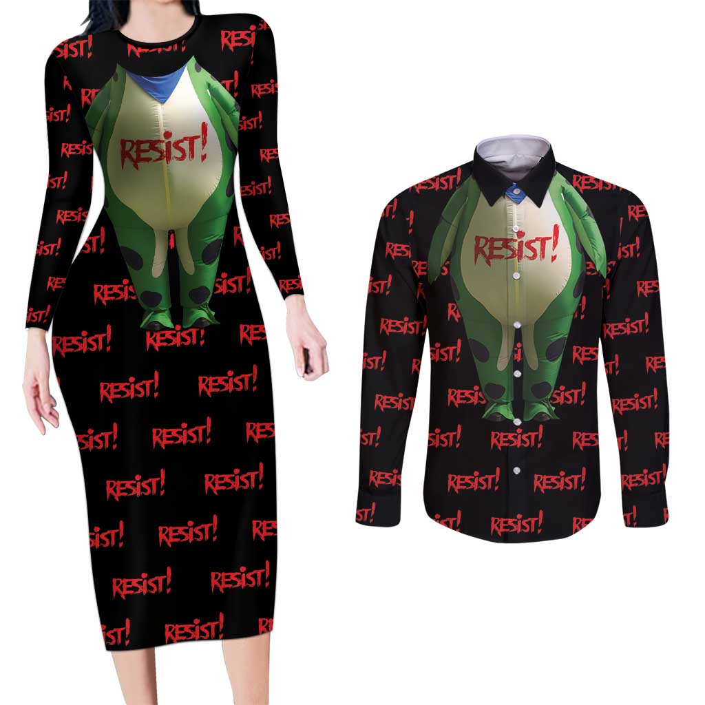 Resist Portland Frog Couples Matching Long Sleeve Bodycon Dress and Long Sleeve Button Shirt Funny Political Costume - Wonder Print Shop