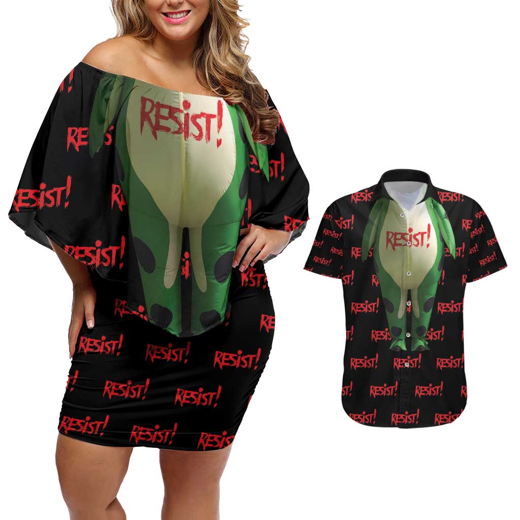 Resist Portland Frog Couples Matching Off Shoulder Short Dress and Hawaiian Shirt Funny Political Costume - Wonder Print Shop