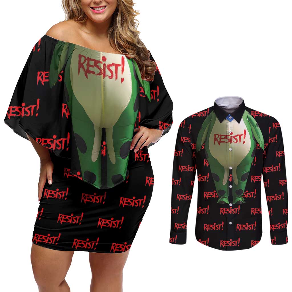 Resist Portland Frog Couples Matching Off Shoulder Short Dress and Long Sleeve Button Shirt Funny Political Costume - Wonder Print Shop