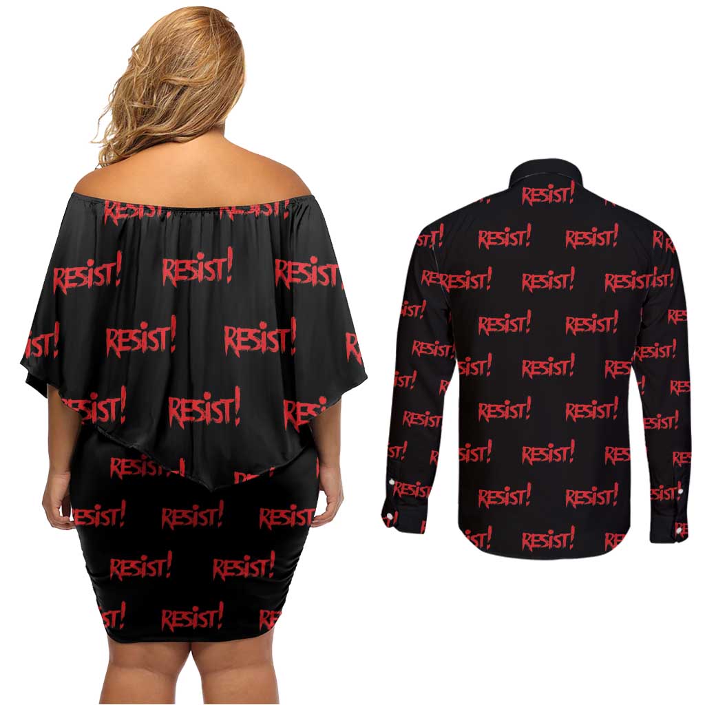 Resist Portland Frog Couples Matching Off Shoulder Short Dress and Long Sleeve Button Shirt Funny Political Costume - Wonder Print Shop