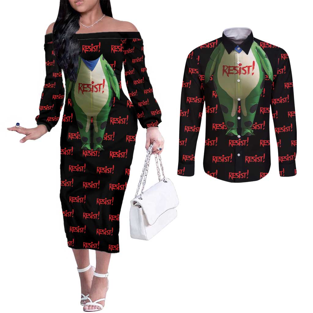Resist Portland Frog Couples Matching Off The Shoulder Long Sleeve Dress and Long Sleeve Button Shirt Funny Political Costume - Wonder Print Shop
