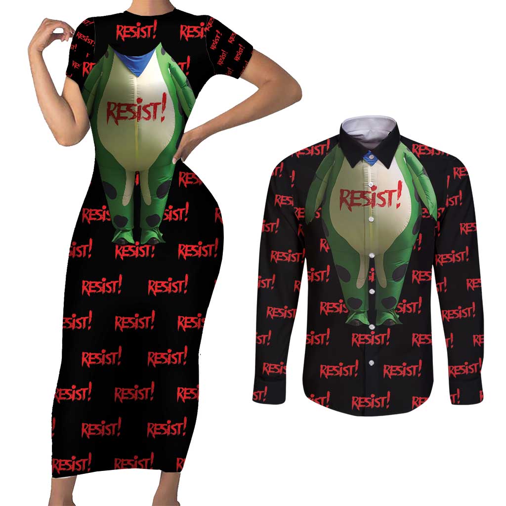 Resist Portland Frog Couples Matching Short Sleeve Bodycon Dress and Long Sleeve Button Shirt Funny Political Costume - Wonder Print Shop