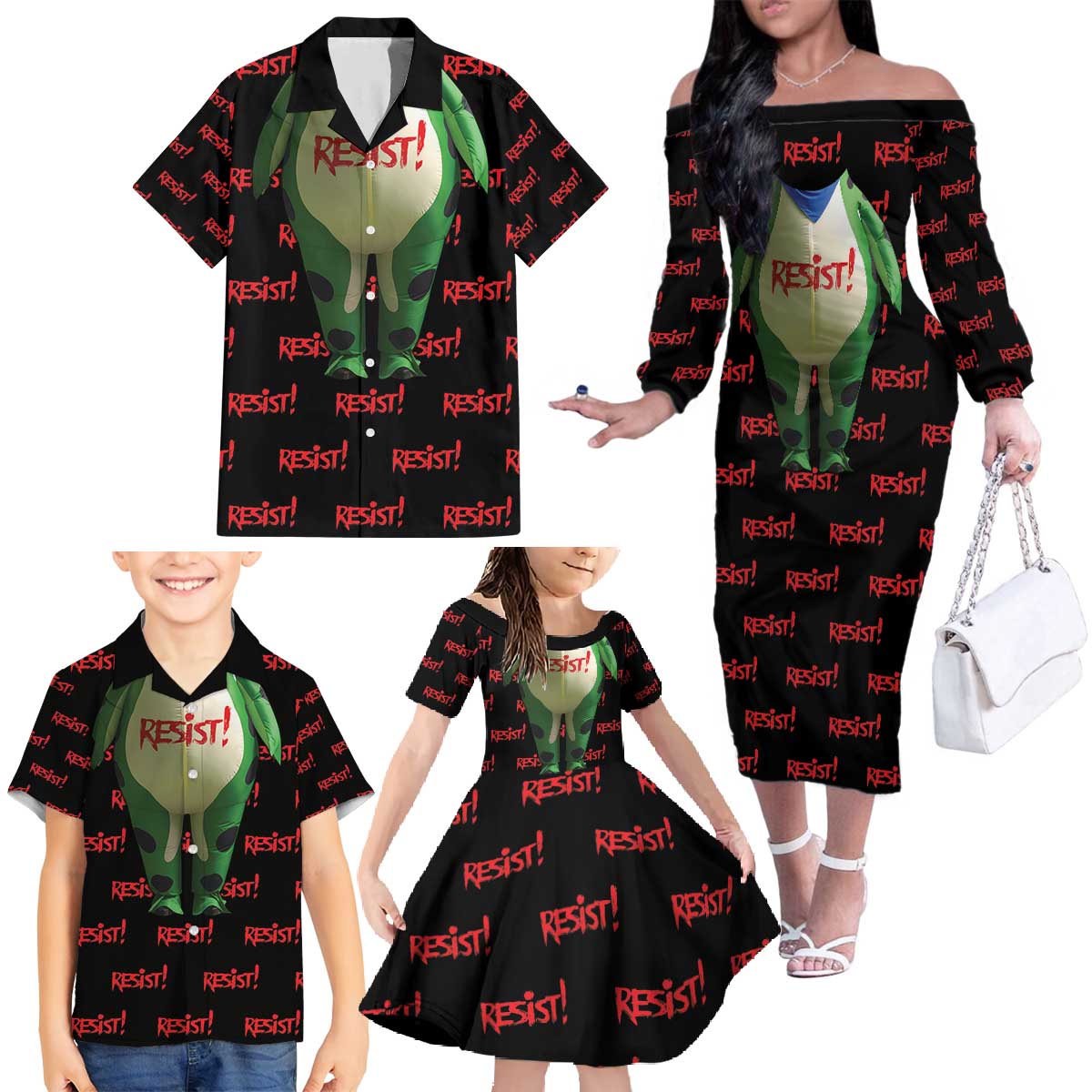 Resist Portland Frog Family Matching Off The Shoulder Long Sleeve Dress and Hawaiian Shirt Funny Political Costume - Wonder Print Shop