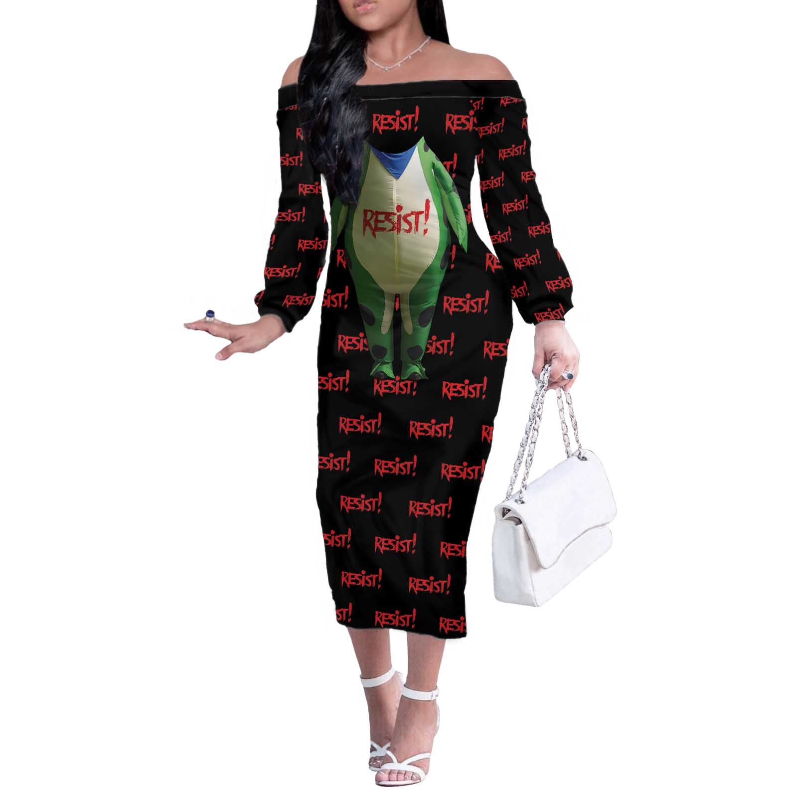 Resist Portland Frog Off The Shoulder Long Sleeve Dress Funny Political Costume - Wonder Print Shop