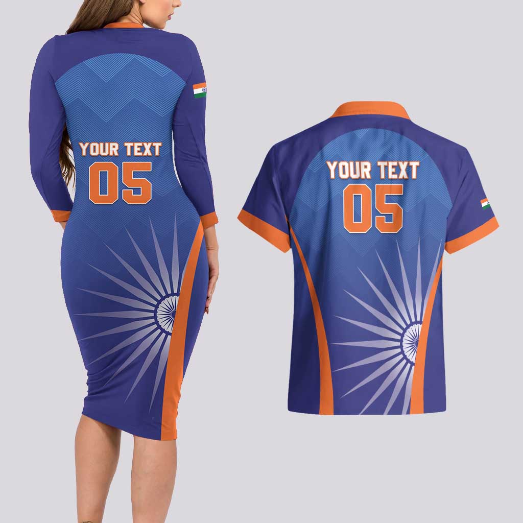 Custom India Cricket Couples Matching Long Sleeve Bodycon Dress and Hawaiian Shirt Go Champions Men In Blue LT05 - Wonder Print Shop