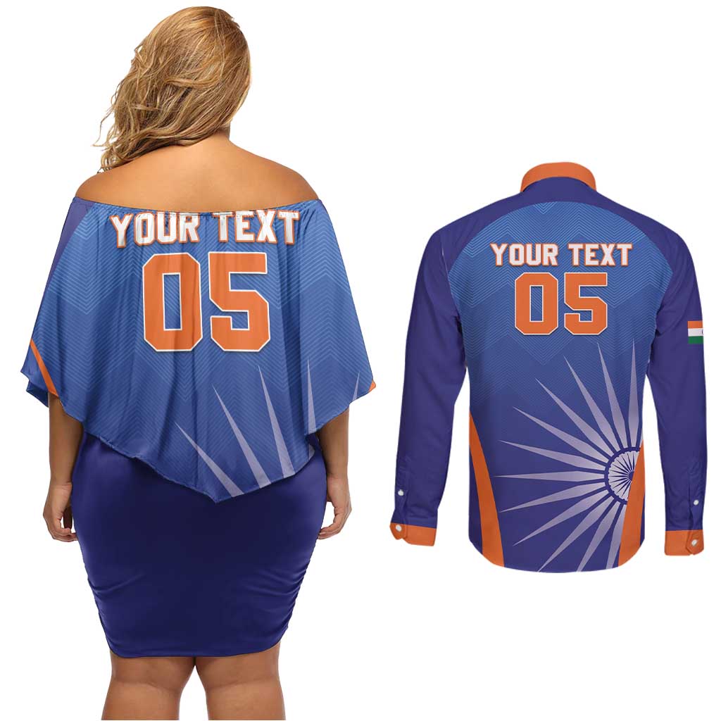 Custom India Cricket Couples Matching Off Shoulder Short Dress and Long Sleeve Button Shirt Go Champions Men In Blue LT05 - Wonder Print Shop