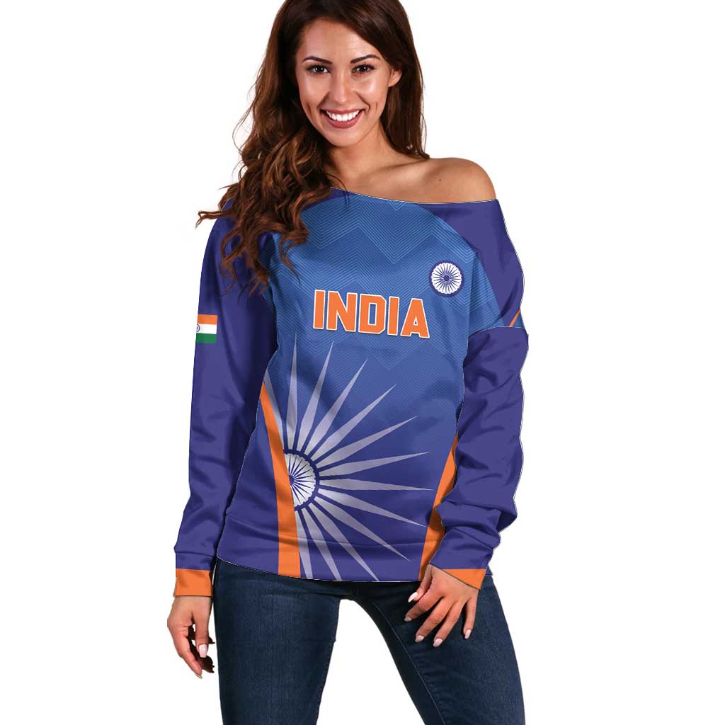 Custom India Cricket Off Shoulder Sweater Go Champions Men In Blue LT05 - Wonder Print Shop