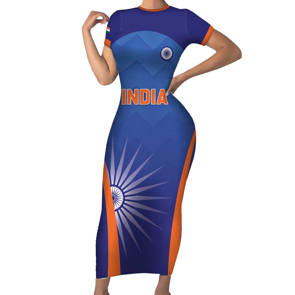 Custom India Cricket Short Sleeve Bodycon Dress Go Champions Men In Blue LT05 - Wonder Print Shop