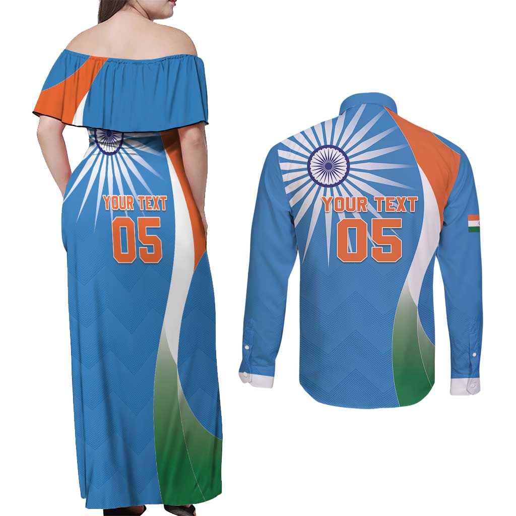 Custom India Cricket Couples Matching Off Shoulder Maxi Dress and Long Sleeve Button Shirt Sporty Style LT05 - Wonder Print Shop