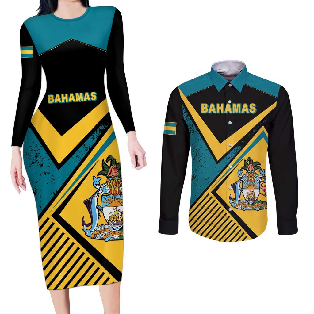 Personalized Bahamas Couples Matching Long Sleeve Bodycon Dress and Long Sleeve Button Shirt Coat Of Arms Unique Style