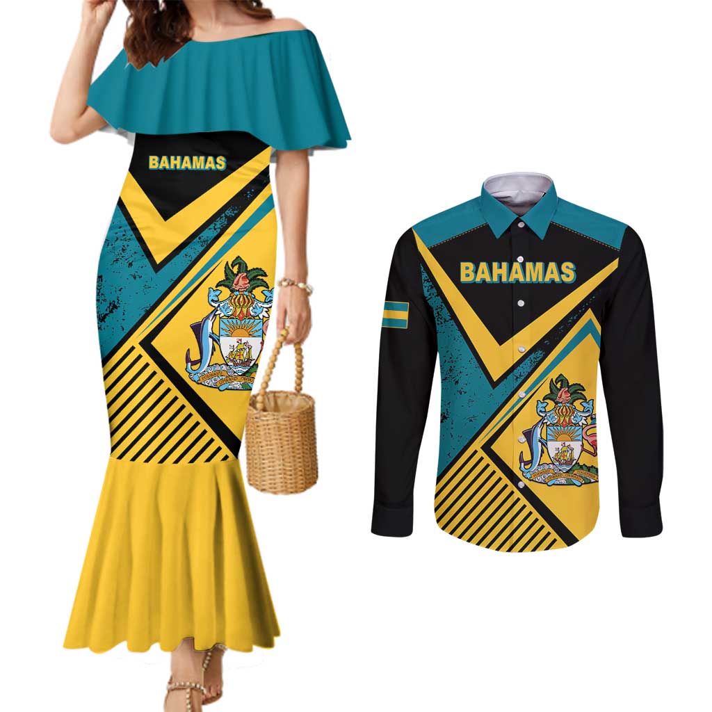 Personalized Bahamas Couples Matching Mermaid Dress and Long Sleeve Button Shirt Coat Of Arms Unique Style