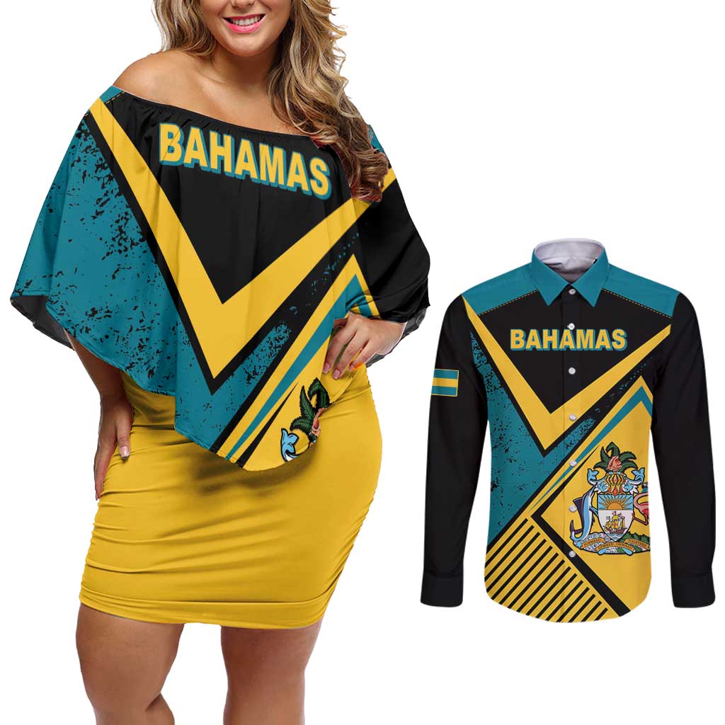 Personalized Bahamas Couples Matching Off Shoulder Short Dress and Long Sleeve Button Shirt Coat Of Arms Unique Style