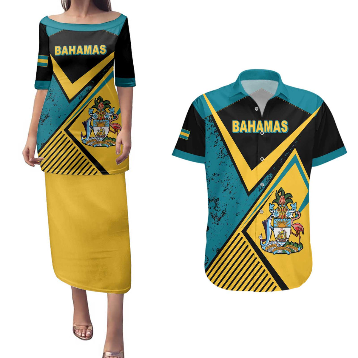 Personalized Bahamas Couples Matching Puletasi and Hawaiian Shirt Coat Of Arms Unique Style