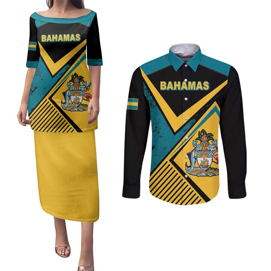 Personalized Bahamas Couples Matching Puletasi and Long Sleeve Button Shirt Coat Of Arms Unique Style