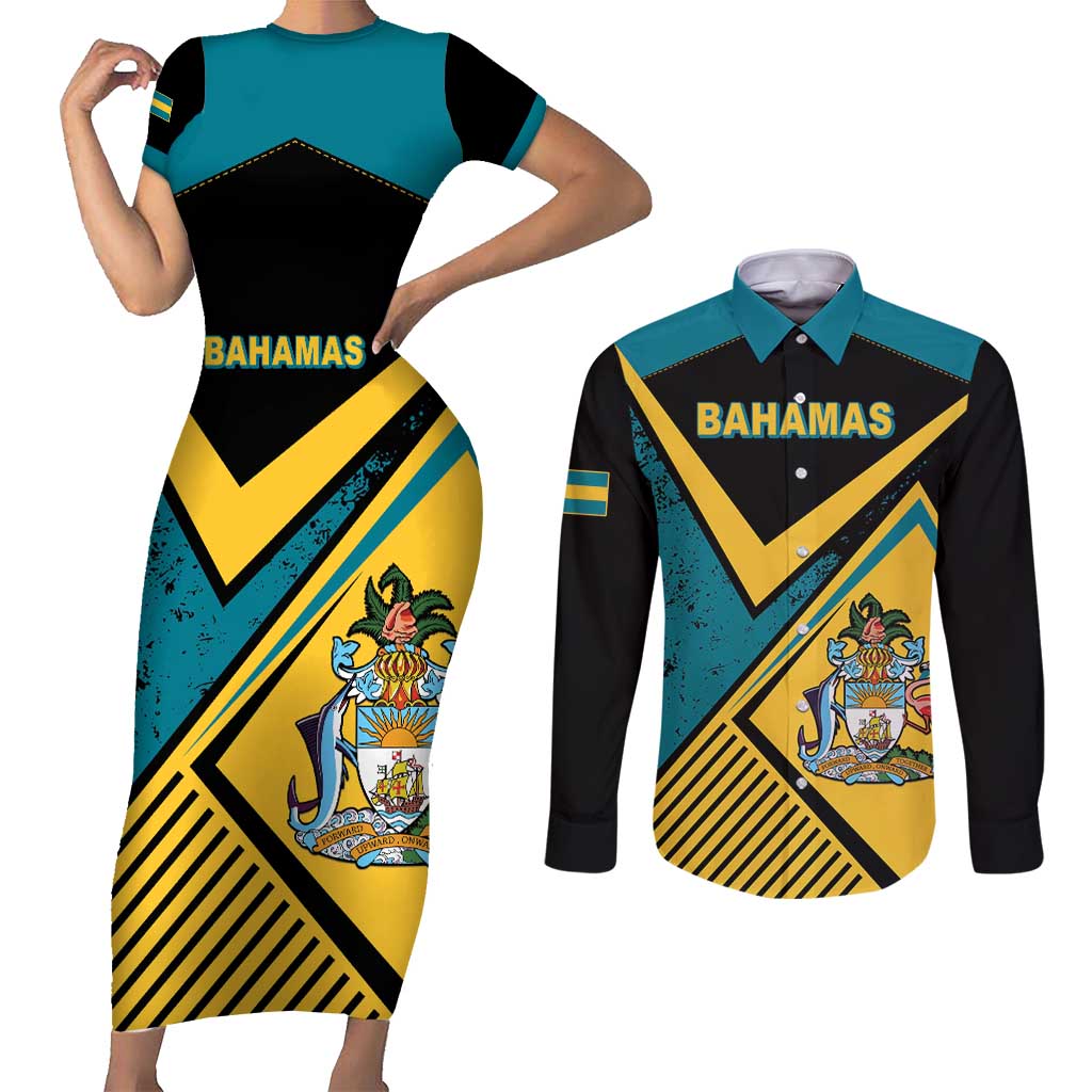 Personalized Bahamas Couples Matching Short Sleeve Bodycon Dress and Long Sleeve Button Shirt Coat Of Arms Unique Style