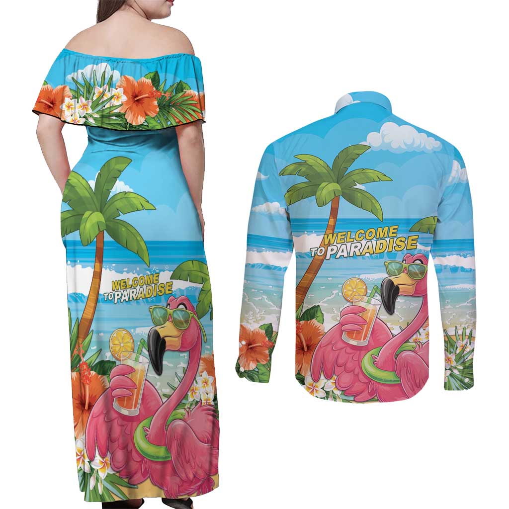 Bahamas Beach Couples Matching Off Shoulder Maxi Dress and Long Sleeve Button Shirt Welcome To Paradise