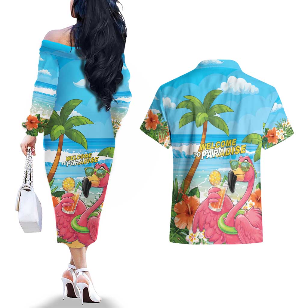 Bahamas Beach Couples Matching Off The Shoulder Long Sleeve Dress and Hawaiian Shirt Welcome To Paradise