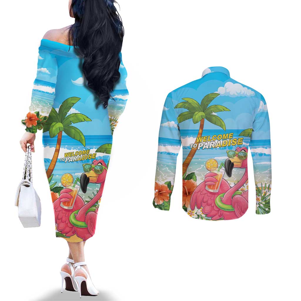 Bahamas Beach Couples Matching Off The Shoulder Long Sleeve Dress and Long Sleeve Button Shirt Welcome To Paradise