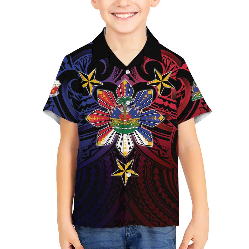 Haiti Philippines Kid Hawaiian Shirt Haitian Coat Of Arms With Filipino Sun