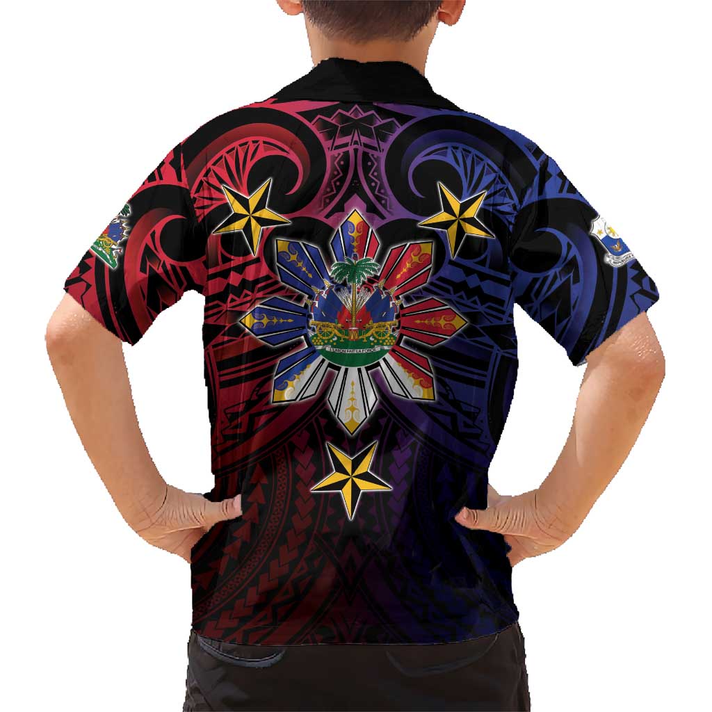 Haiti Philippines Kid Hawaiian Shirt Haitian Coat Of Arms With Filipino Sun