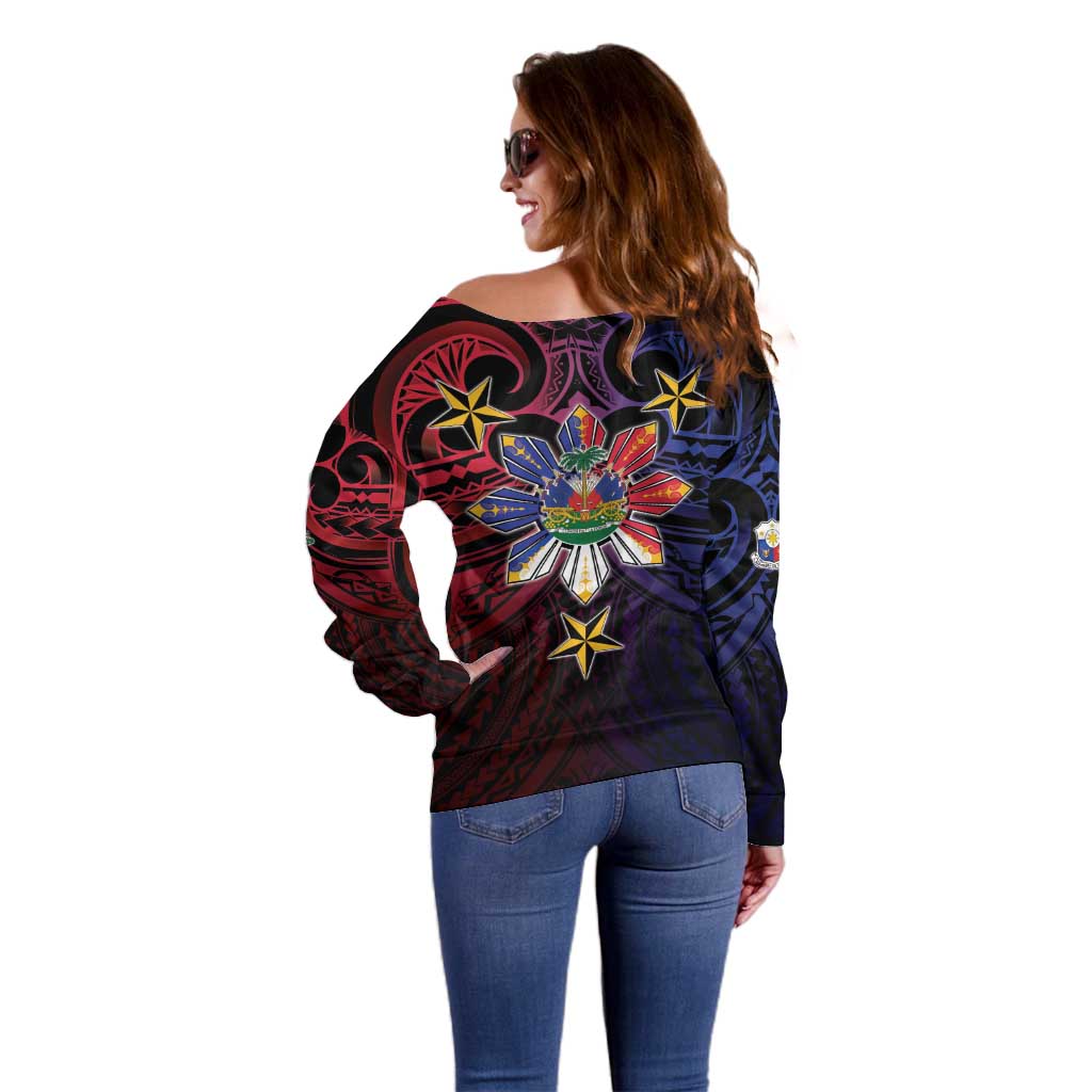 Haiti Philippines Off Shoulder Sweater Haitian Coat Of Arms With Filipino Sun