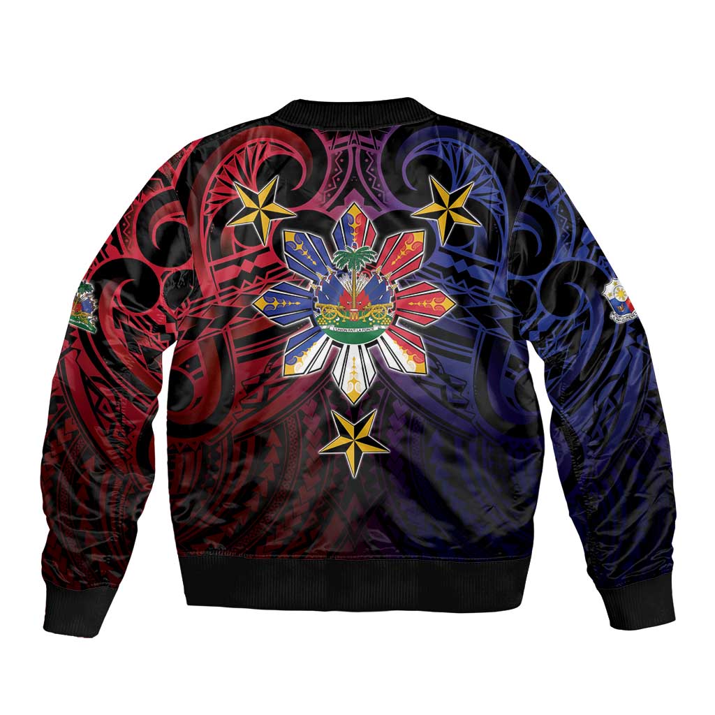 Haiti Philippines Sleeve Zip Bomber Jacket Haitian Coat Of Arms With Filipino Sun
