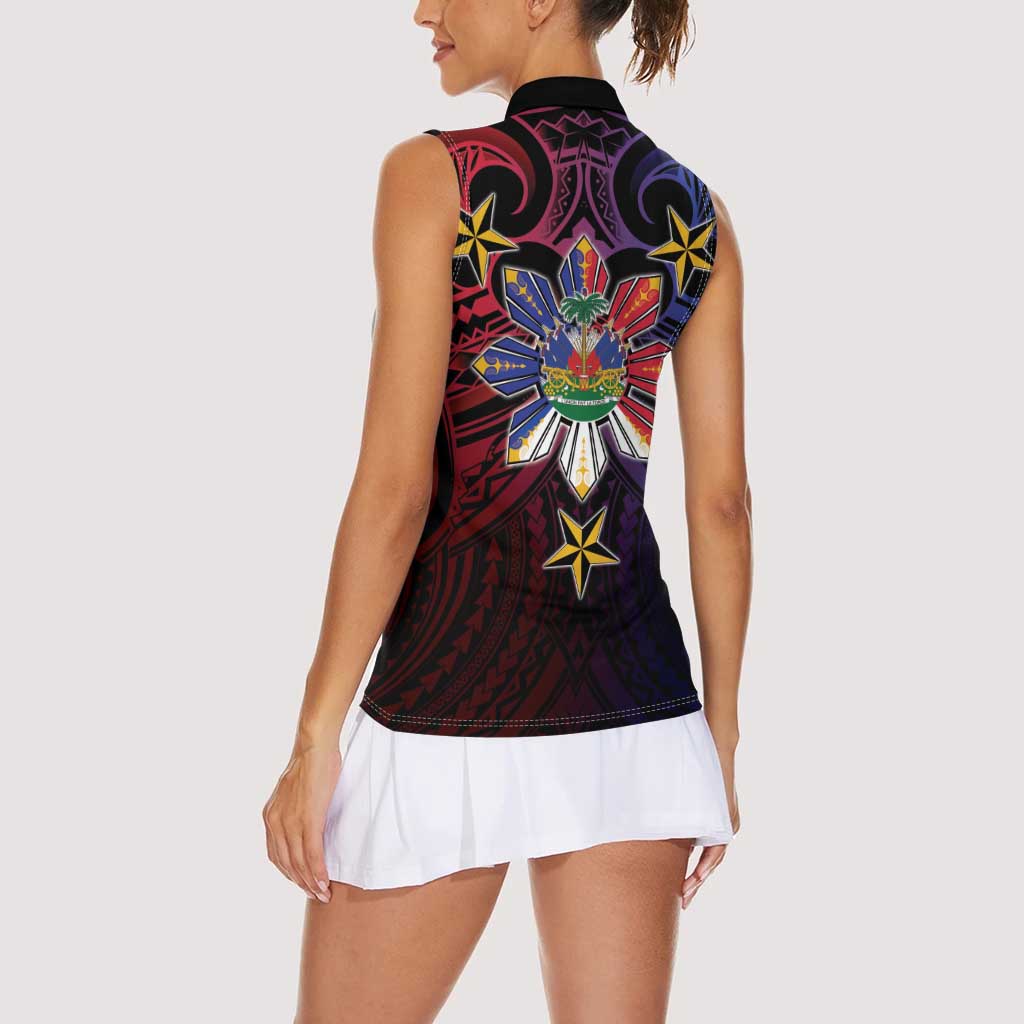 Haiti Philippines Women Sleeveless Polo Shirt Haitian Coat Of Arms With Filipino Sun