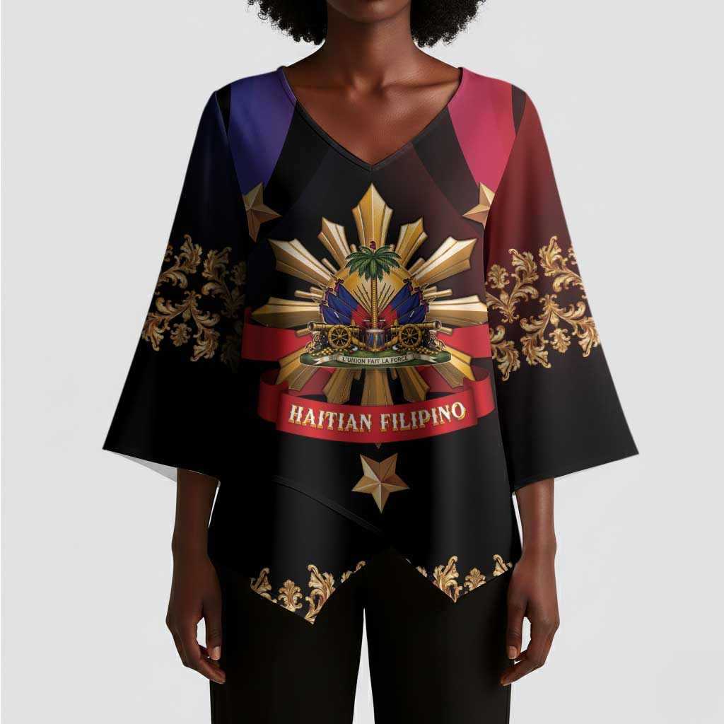 Personalized Haiti And Philippines Kimono Sleeve Blouse Haitian Filipino Heritage Crest