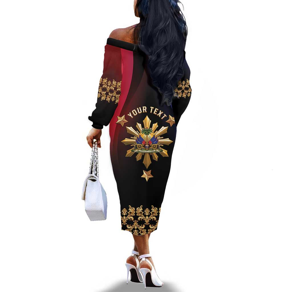 Personalized Haiti And Philippines Off The Shoulder Long Sleeve Dress Haitian Filipino Heritage Crest