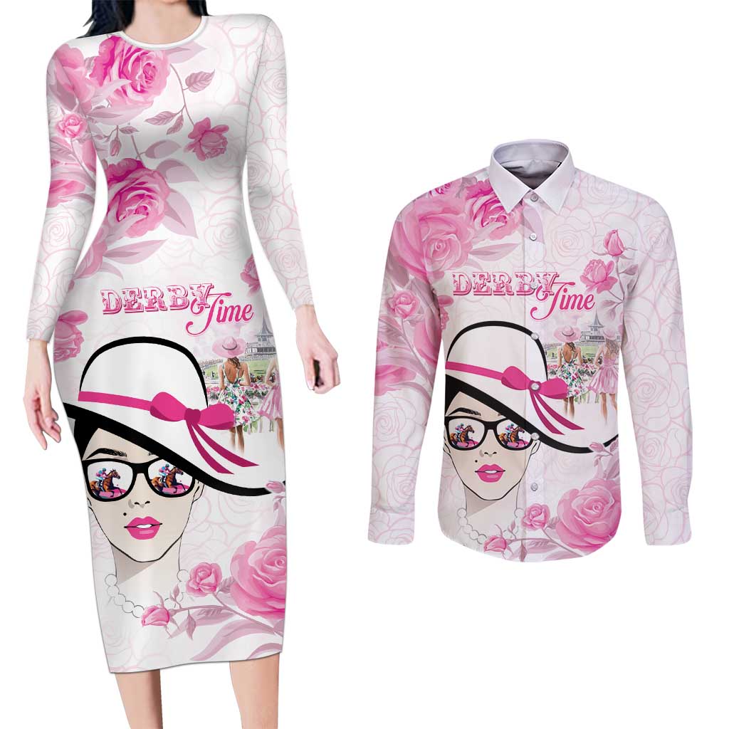 Kentucky Horse Racing Couples Matching Long Sleeve Bodycon Dress and Long Sleeve Button Shirt Fancy Ladies