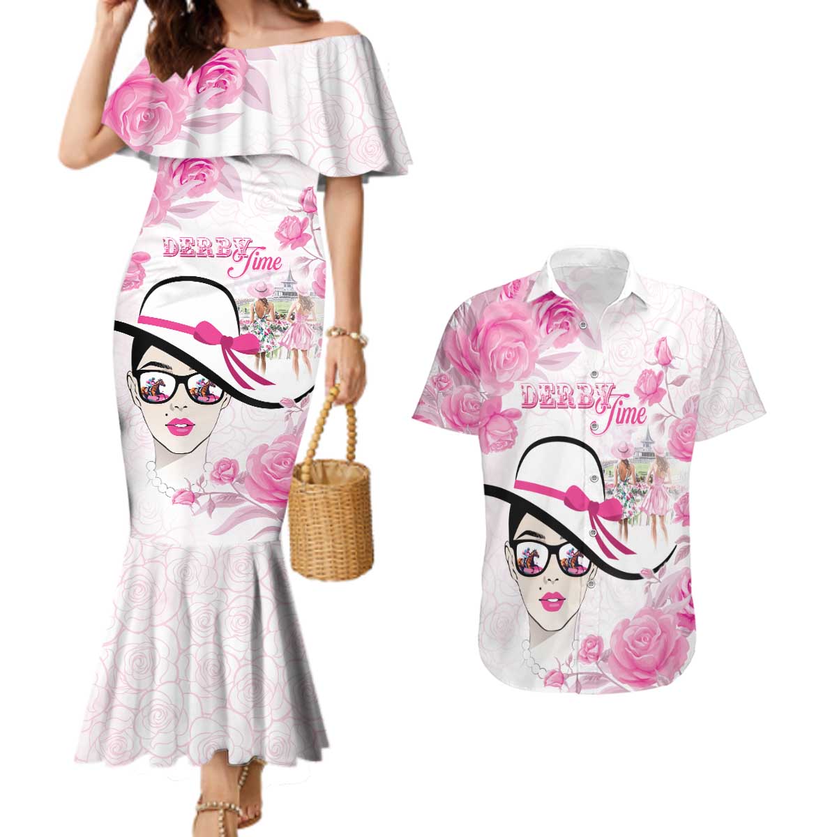 Kentucky Horse Racing Couples Matching Mermaid Dress and Hawaiian Shirt Fancy Ladies