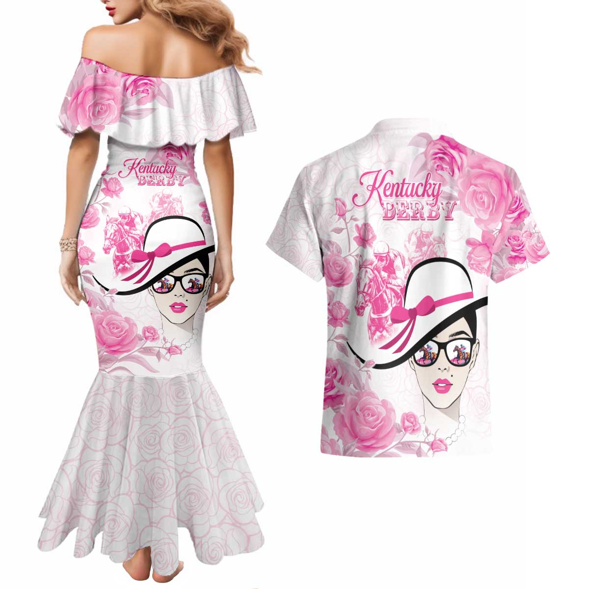 Kentucky Horse Racing Couples Matching Mermaid Dress and Hawaiian Shirt Fancy Ladies