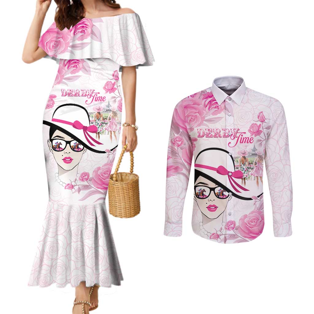 Kentucky Horse Racing Couples Matching Mermaid Dress and Long Sleeve Button Shirt Fancy Ladies
