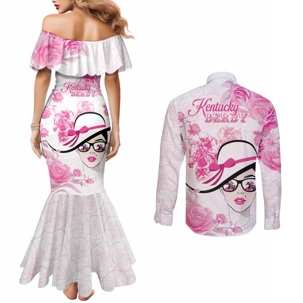 Kentucky Horse Racing Couples Matching Mermaid Dress and Long Sleeve Button Shirt Fancy Ladies