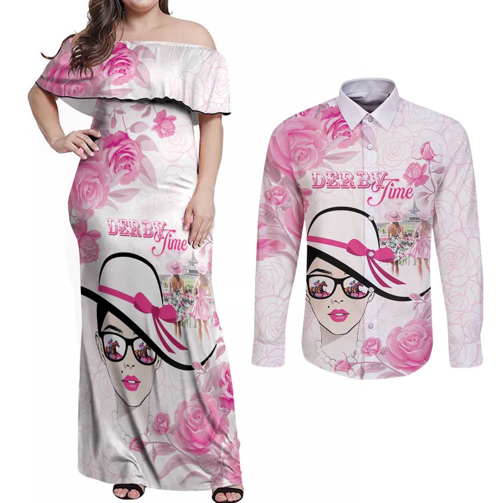 Kentucky Horse Racing Couples Matching Off Shoulder Maxi Dress and Long Sleeve Button Shirt Fancy Ladies