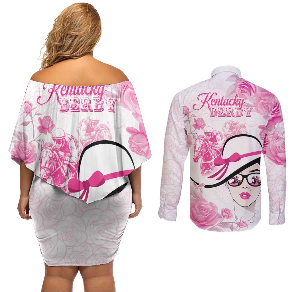 Kentucky Horse Racing Couples Matching Off Shoulder Short Dress and Long Sleeve Button Shirt Fancy Ladies