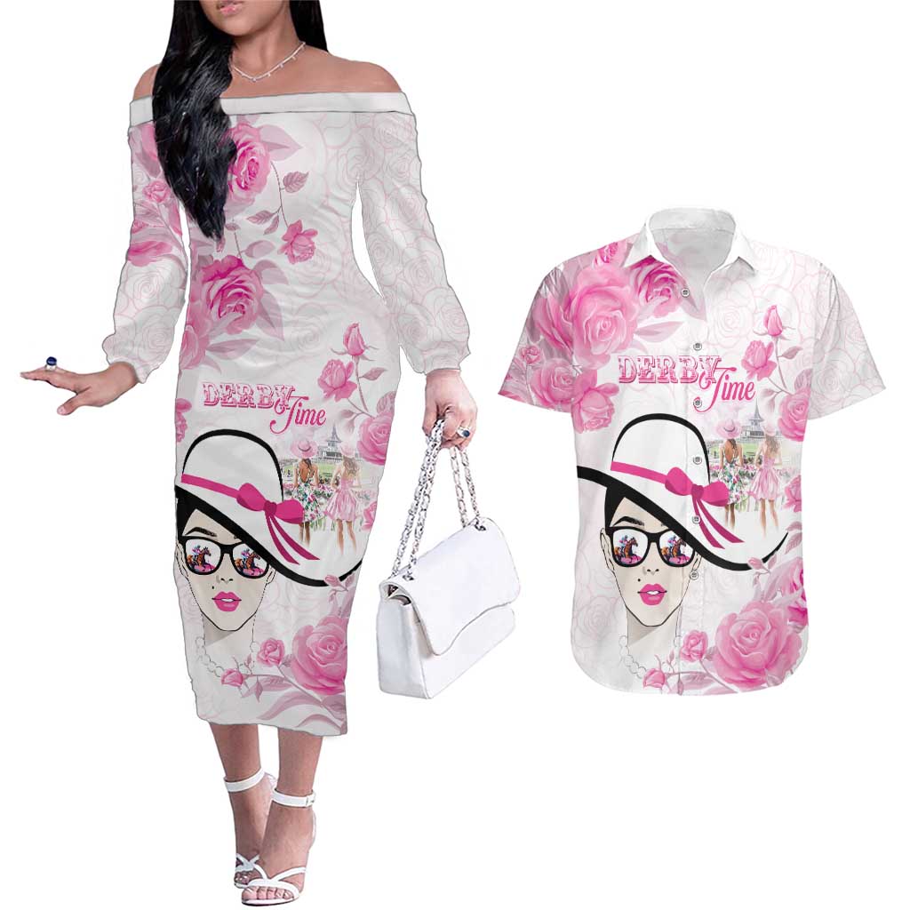 Kentucky Horse Racing Couples Matching Off The Shoulder Long Sleeve Dress and Hawaiian Shirt Fancy Ladies