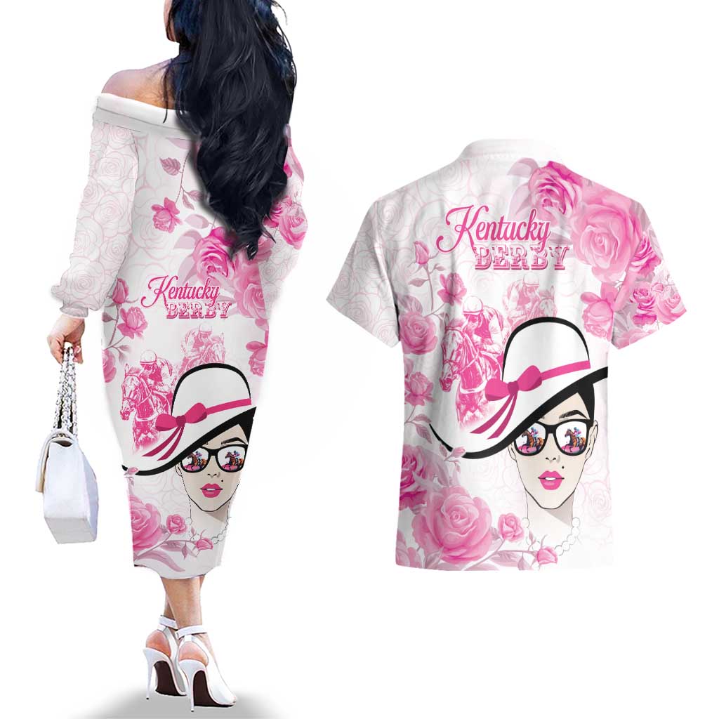 Kentucky Horse Racing Couples Matching Off The Shoulder Long Sleeve Dress and Hawaiian Shirt Fancy Ladies
